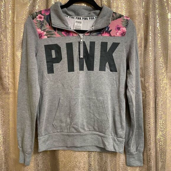PINK Victorias Secret Gray Tropical 1/4 Zip Pullover Sweater XS - Picture 1 of 6